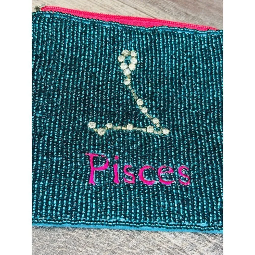 Beaded Pisces Zodiac Coin Purse | Teal & Pink Astrology Pouch with Rhinestone Co